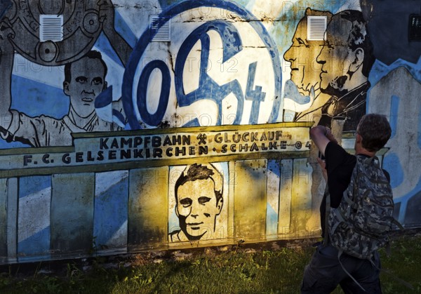 Painted wall on the Glückauf battle track with motifs of FC Schlake 04, Schalke, district of Gelsenkirchen, Ruhr area, North Rhine-Westphalia, Germany