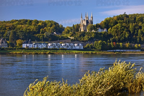 Pilgrimage Church of St. Apollinaris, also Apollinaris Church on the Apollinarisberg in Remagen with the river Rhine, Rhineland-Palatinate, Germany