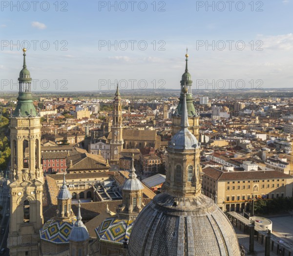 Rooftops of cathedral church Basilica of Our Lady of the Pillar, city centre of Zaragoza, Aragon, Spain