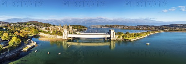 Conwy Castle over River Convy from a drone, Convy, North Wales, England, United Kingdom