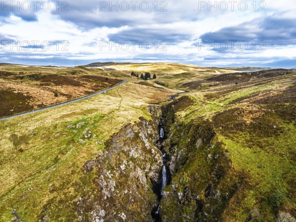 Cwm Cynfal Waterfalls on River Afon Cynfal from a drone, Llan Ffestiniog, Road B4391, Gwynedd, Snowdonia, Eryri, Wales, England, United Kingdom
