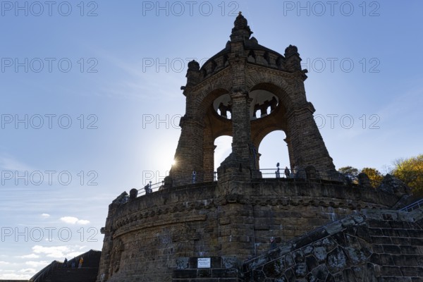 Kaiser Wilhelm Memorial, national monument with dome, landmark, sunny autumn weather, back light, sun rays, Porta Westfalica, Ostwestfalen-Lippe, East Westphalia, North Rhine-Westphalia, Germany