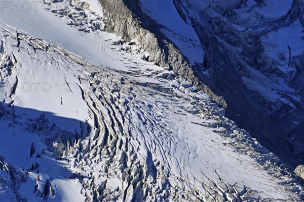 View from the Télécabine Panorama Railway of the glacial crevices of the Glacier du Géant, Chamonix-Mont-Blanc, Haute-Savoie, France