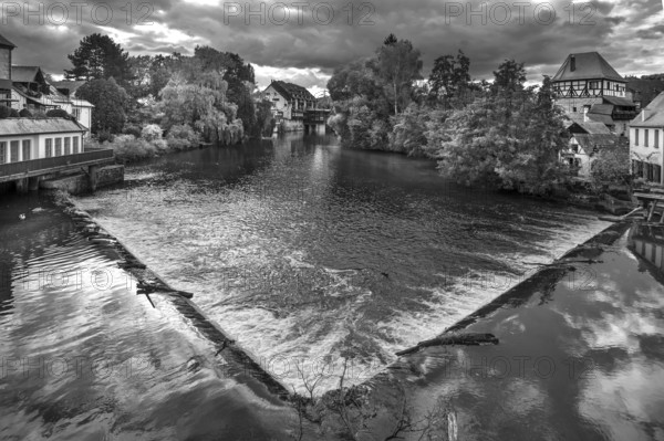 View of the Pegnitz with the river weir, on the right the historic Jewish Tower, black and white, Lauf an der Pegnitz, Middle Franconia, Bavaria, Germany