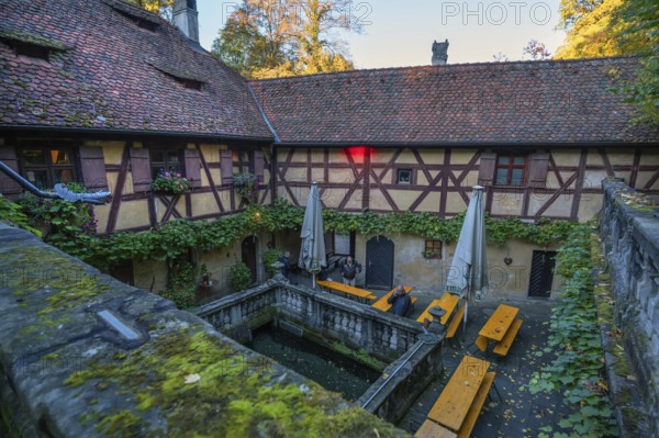 Courtyard with fishing pond of a historic inn, Rockenbrunn, Franconia, Bavaria, Germany