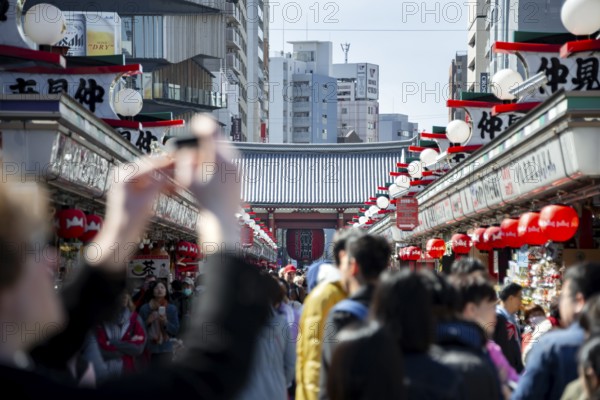 View of numerous visitors on Nakamise-dori shopping street at the Thunder Gate Kaminarimon of Asakusa Shrine or Senso-ji Temple, blooming cherry trees, Buddhist temple complex, Asakusa, Tokyo, Japan
