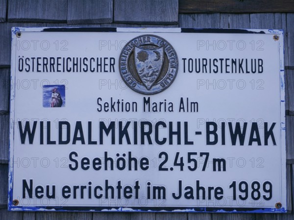 Wildalmkirchl bivouac sign, a bivouac hut or bivouac box in the Steinernes Meer, Berchtesgaden Alps, Austria
