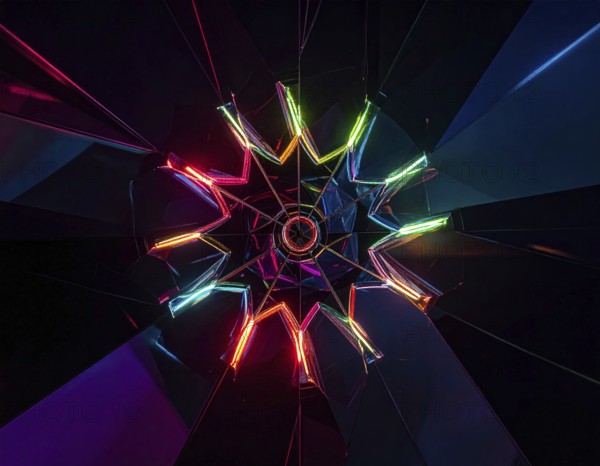 Abstract background of slightly unfocused multicolored glass lenses spinning and rotating, wallpaper illustration in vibrant neon colors, mandala background for business, textures and pattern, AI generated