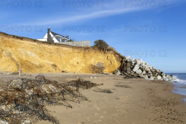 Clifftop houses at risk from coastal erosion, Thorpeness, Suffolk, North Sea coast, England, UK October 2025