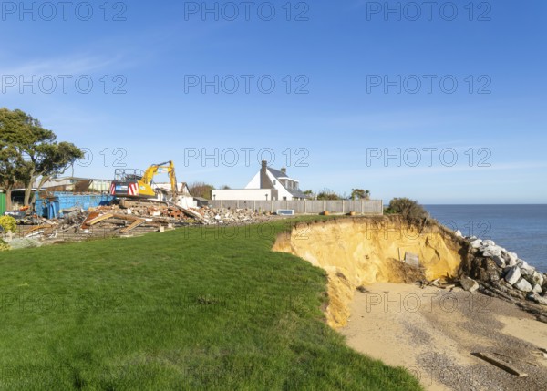 Demolition of Jean Flick's house, The Warren, Thorpeness, Suffolk, England, UK due to rapid coastal erosion of the North Sea coast, October 2025