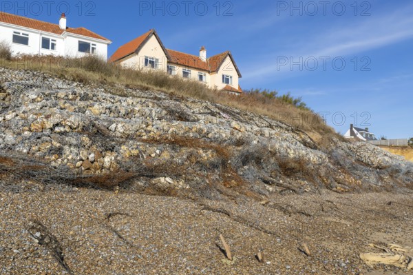 Clifftop houses at risk from coastal erosion, Thorpeness, Suffolk, North Sea coast, England, UK October 2025