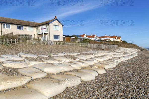 For Sale estate agent signs outside houses at risk of coastal erosion, Thorpeness, Suffolk, North Sea coast, England, UK October 2025