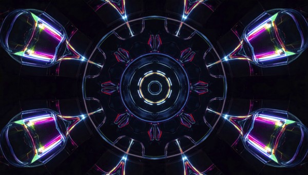 Abstract background of slightly unfocused multicolored glass lenses spinning and rotating, wallpaper illustration in vibrant neon colors, mandala background for business, textures and pattern, AI generated