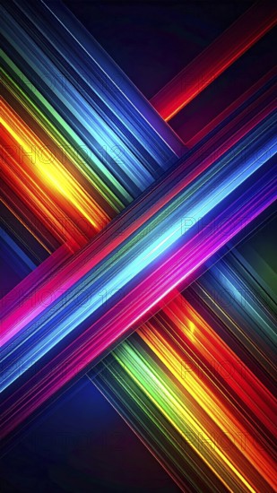 Abstract digital art featuring vibrant, intersecting neon lines creating a geometric pattern, Intersecting neon lines form a vibrant abstract geometric grid against a black background, Seamless looping illustration, colorful diagonal lines, creating a modern dynamic template background, vibrant colored lines and geometric forms for business or technology wallpaper, AI generated