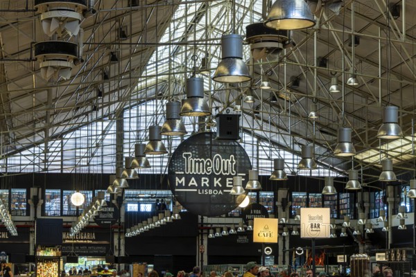 The Mercadeo da Ribeira, also known as TimeOut Market, is the best address for Portuguese specialties and international cuisine. Historic market hall at Cais do Sodré station, Lisbon, Portugal