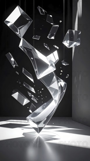 Abstract animation, glass cubes on black background, modern business wallpaper illustration, AI generated