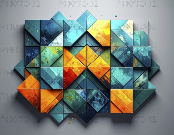 Abstract modern template, geometric effect stylized as mosaic tile, vibrant colorful business wallpaper illustration, pattern and textured geometric forms, wall art poster design, AI generated