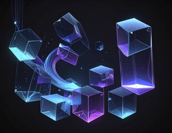Abstract animation, glass cubes on black background, modern business wallpaper illustration, AI generated