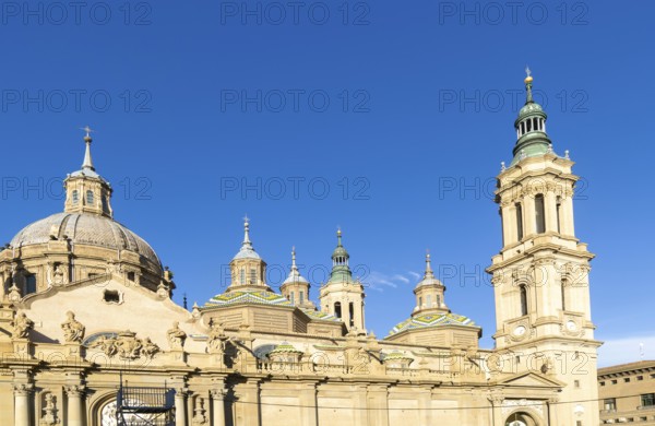 Towers and domes on roof of Basilica of Our Lady of the Pillar cathedral church, Zaragoza, Aragon, Spain