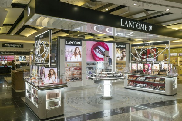 Lancome brands on display Duty Free shopping area in departures lounge area, Terminal 5, London Heathrow airport, London, England, UK