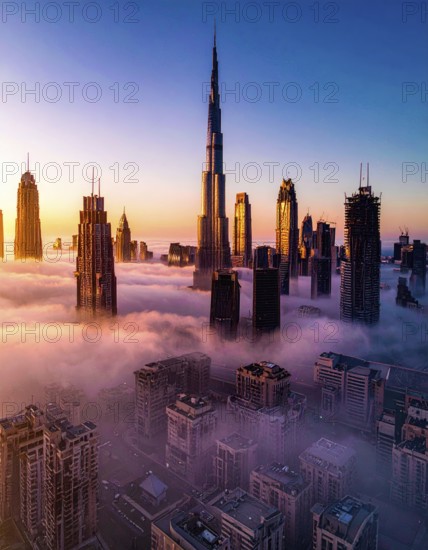City scape emerging from a dense enveloping fog in sunrise and skyscrapers piercing the haze, big metropolis with skyline, mist on ground, blue sky, city in an aerial view, AI generated