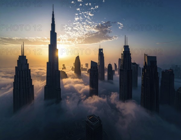 City scape emerging from a dense enveloping fog in sunrise and skyscrapers piercing the haze, big metropolis with skyline, mist on ground, blue sky, city in an aerial view, AI generated