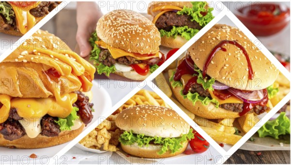 Collage of various fast food meals. beagles, hamburger, cheeseburger, french fries and a view green salad pieces, unhealthy lifestyle, symbol for bad nutrition, wallpaper illustration for banner or template background, AI generated