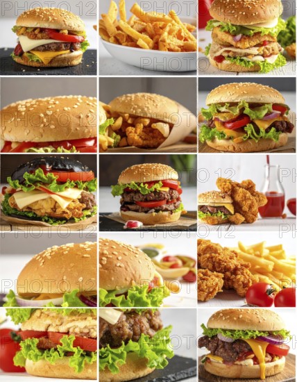 Collage of various fast food meals. beagles, hamburger, cheeseburger, french fries and a view green salad pieces, unhealthy lifestyle, symbol for bad nutrition, wallpaper illustration for banner or template background, AI generated