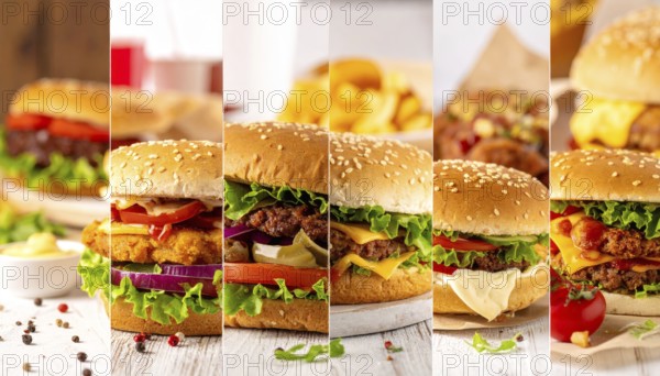 Collage of various fast food meals. beagles, hamburger, cheeseburger, french fries and a view green salad pieces, unhealthy lifestyle, symbol for bad nutrition, wallpaper illustration for banner or template background, AI generated