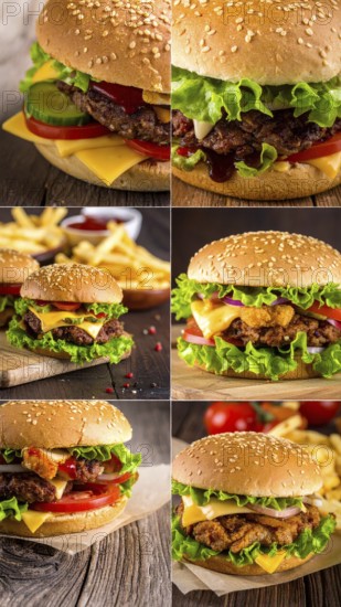 Collage of various fast food meals. beagles, hamburger, cheeseburger, french fries and a view green salad pieces, unhealthy lifestyle, symbol for bad nutrition, wallpaper illustration for banner or template background, AI generated