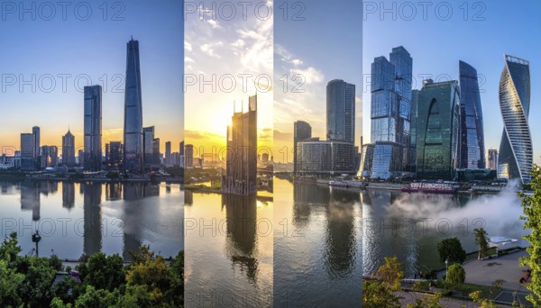 Collage of skyscrapers of a metropolitan city, various skylines with different blue sky in sunset, urban wallpaper illustration background, banner or template for real estate and travel themes, AI generated