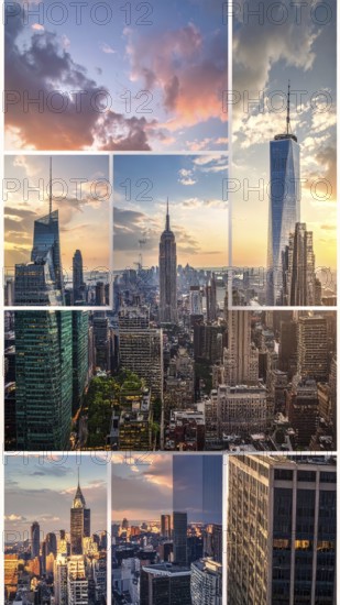 Collage of skyscrapers of a metropolitan city, various skylines with different blue sky in sunset, urban wallpaper illustration background, banner or template for real estate and travel themes, AI generated