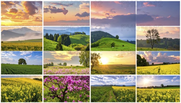 Collage of spring and summer landscapes, blooming flowers, green meadows and trees, hilly landscape with mountains, blue cloudy sky with sunrise or sunset, wallpaper illustration for banner or template background, AI generated