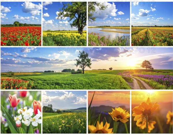 Collage of spring and summer landscapes, blooming flowers, green meadows and trees, hilly landscape with mountains, blue cloudy sky with sunrise or sunset, wallpaper illustration for banner or template background, AI generated