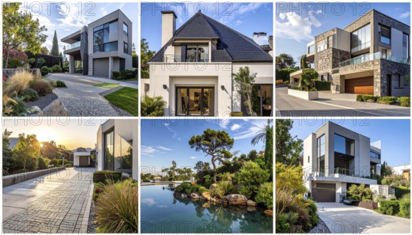 Collage of real estate residential building, modern architecture style, surrounded by green garden, variety of apartments, villas and luxurious homes. blue cloudy sky with sunset or sunrise, conceptual illustration, wallpaper for banner, poster or template, AI generated