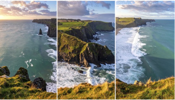 Collage of coastal landscapes with cliffs and shore break, spectacular nature, cloudy sky with beautiful sunset or sunrise, variety of travel destination for road trip or hiking, wallpaper illustration for banner, poster or template, AI generated