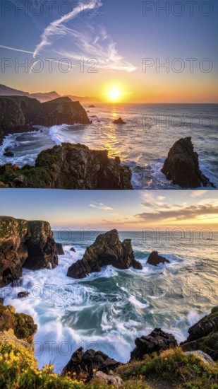 Collage of coastal landscapes with cliffs and shore break, spectacular nature, cloudy sky with beautiful sunset or sunrise, variety of travel destination for road trip or hiking, wallpaper illustration for banner, poster or template, AI generated