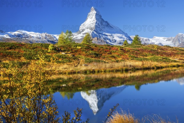 Matterhorn 4478 m with reflection in Leisee on the Sunnegga in autumn, Zermatt, Mattertal, Valais, Switzerland
