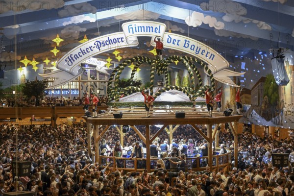 Hacker-Pschorr festival tent, Bavarian sky, interior view, Oktoberfest, Munich, Bavaria, Germany