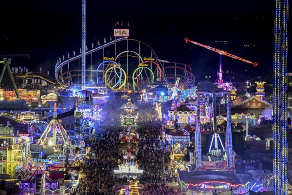 View of Oktoberfest from St. Paul's Catholic Church, Blue Hour, Munich, Bavaria, Germany