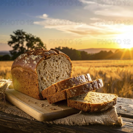Rustic loaf of whole grain bread, fresh baked, close up of bread on dark wooden table, golden rust, soft lighting with blurred background, symbol for bakery and agriculture, healthy eating background, AI generated