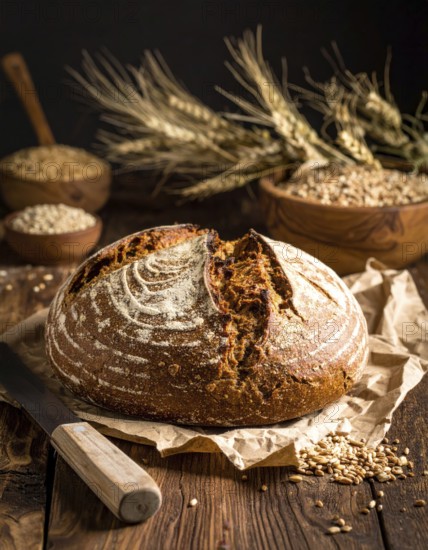 Rustic loaf of whole grain bread, fresh baked, close up of bread on dark wooden table, golden rust, soft lighting with blurred background, symbol for bakery and agriculture, healthy eating background, AI generated