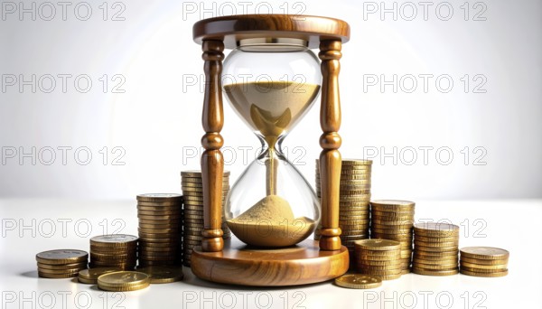 Hourglass and stacked golden coins, illustrating currency fluctuation and time impact commodities value, symbolizing fluctuating finance market changes, business setting, glass with sand on wooden table in the office, blurred background, wallpaper illustration, AI generated