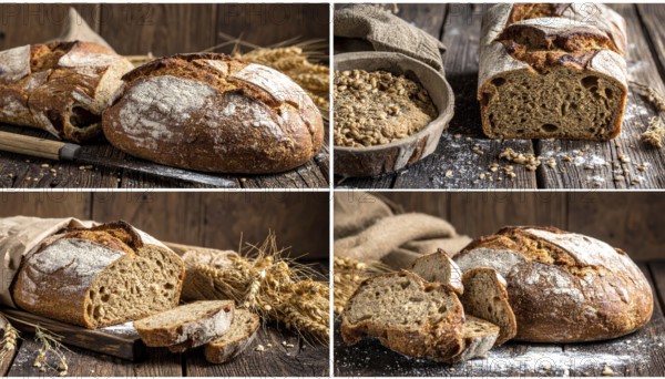 Collage of rustic loaf of whole grain bread, bread on dark rustic wooden table, great variety of grain and whole wheat bread, illustration wallpaper for bakery and healthy food lifestyle, AI generated