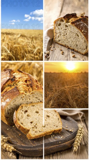 Collage of rustic loaf of whole grain bread, bread on dark rustic wooden table, great variety of grain and whole wheat bread, illustration wallpaper for bakery and healthy food lifestyle, AI generated