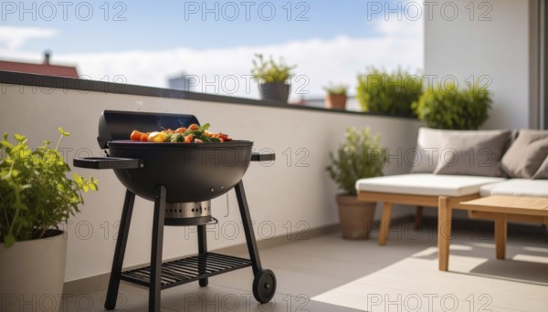 Cooking vegetables on grill on the balcony, healthy lifestyle, vegetarian barbeque, leisure time in summer, suburban setting with blurred background, soft golden light of evening, blue sky, AI generated