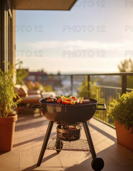 Cooking vegetables on grill on the balcony, healthy lifestyle, vegetarian barbeque, leisure time in summer, suburban setting with blurred background, soft golden light of evening, blue sky, AI generated