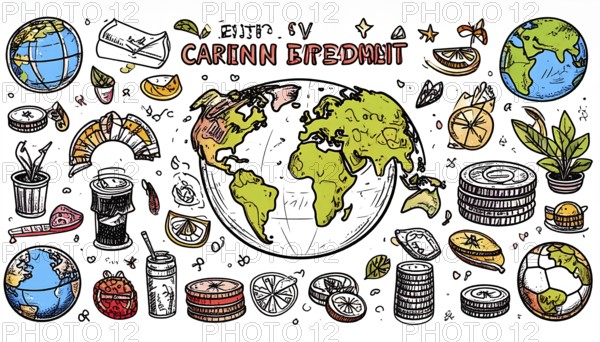 Green earth globe with silver coin stack symbolizing global finance economy and sustainable growth, abstract geometric vector illustration, wallpaper template background, AI generated