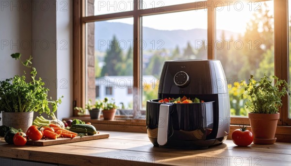 Air fryer with grilled vegetables, wooden table in the kitchen, healthy eating, healthy vegetarian lifestyle with fruits and vegetables, close up with blurred background, soft light, AI generated