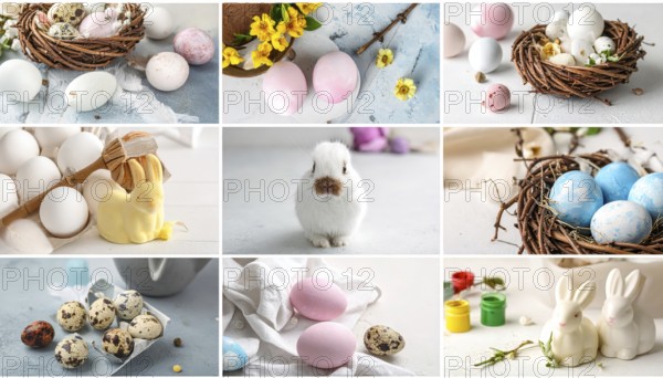 Collage of easter symbols, rabbit, fresh blooming flowers, bird's nest, colored easter eggs, sweets, chocolate and cakes, symbolic wallpaper illustration for festive easter vacation, AI generated